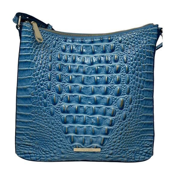 Brahmin Melbourne Katie Blue Croc Embossed Leather Shoulder Bag Adjustable Strap - Picture 2 of 16